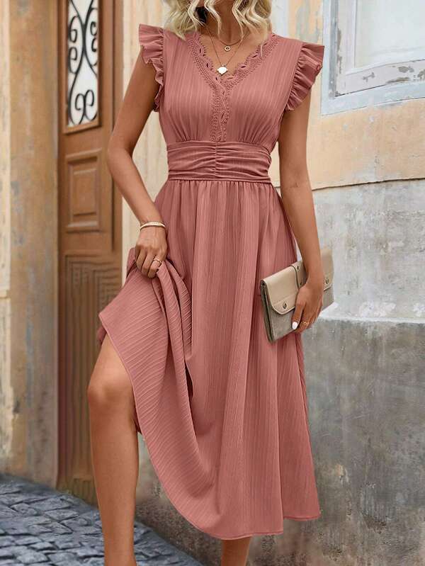 Vestido Midi Com Franzido E Babados Decote V Casual