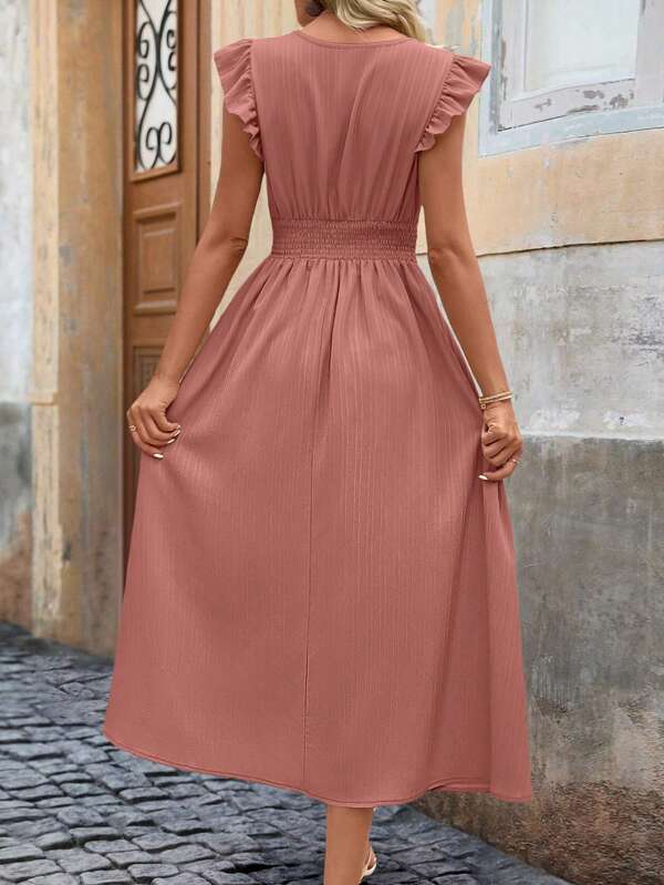 Vestido Midi Com Franzido E Babados Decote V Casual