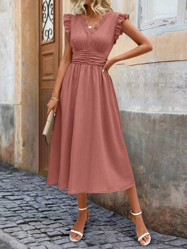 Vestido Midi Com Franzido E Babados Decote V Casual