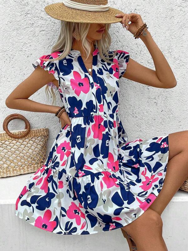 Vestido Curto Chemise Com Babados E Estampa Floral