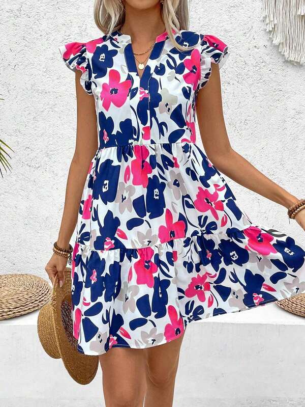 Vestido Curto Chemise Com Babados E Estampa Floral