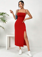 Vestido Midi Alças Finas Acinturado Com Fenda Elegante