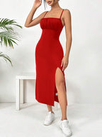 Vestido Midi Alças Finas Acinturado Com Fenda Elegante