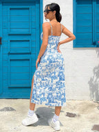Vestido Midi Alças Finas Ajustado Com Fenda Estampa Arabesco