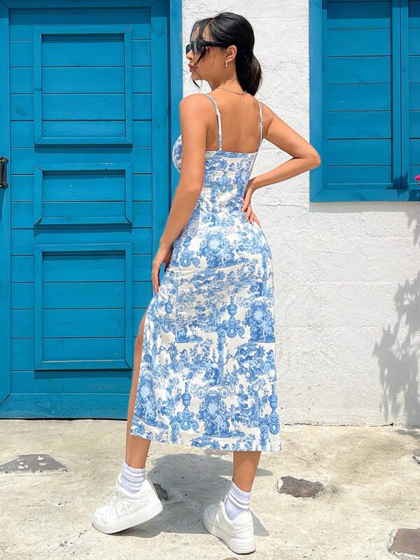 Vestido Midi Alças Finas Ajustado Com Fenda Estampa Arabesco
