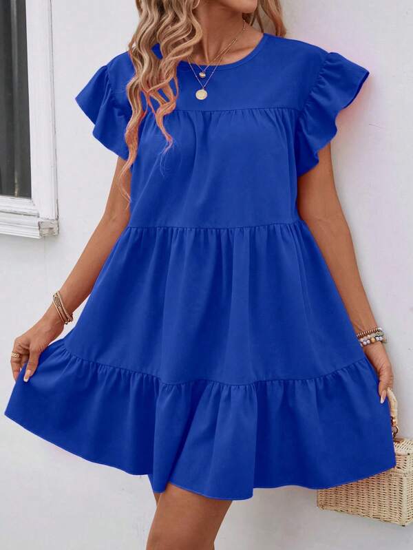 Vestido Curto Com Babados E Manga Godê Minimalista Casual