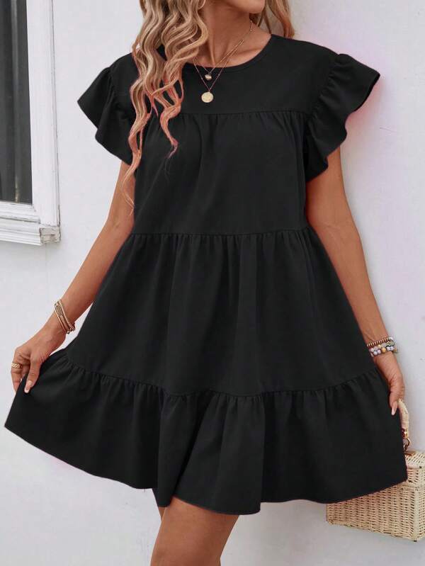 Vestido Curto Com Babados E Manga Godê Minimalista Casual