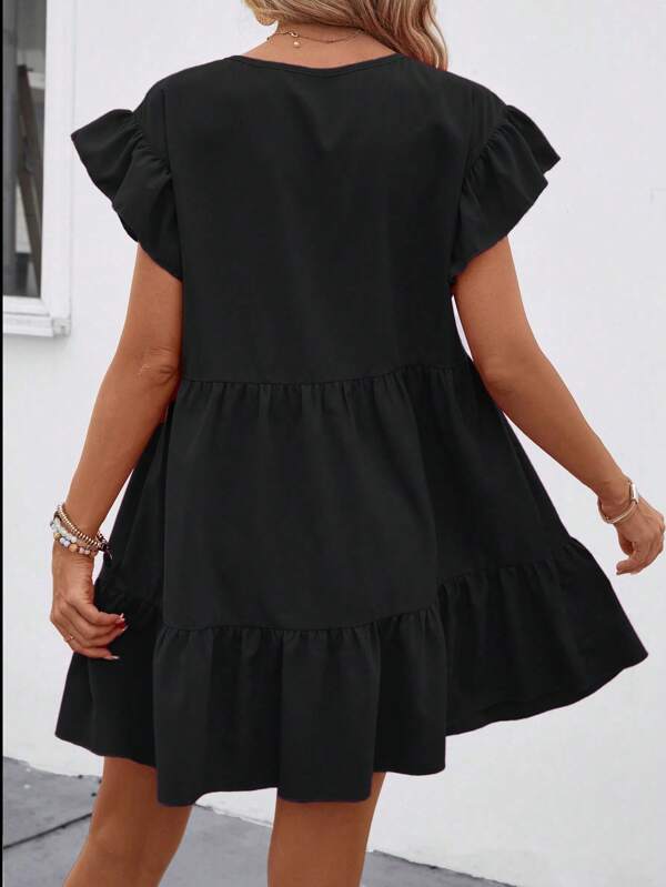 Vestido Curto Com Babados E Manga Godê Minimalista Casual