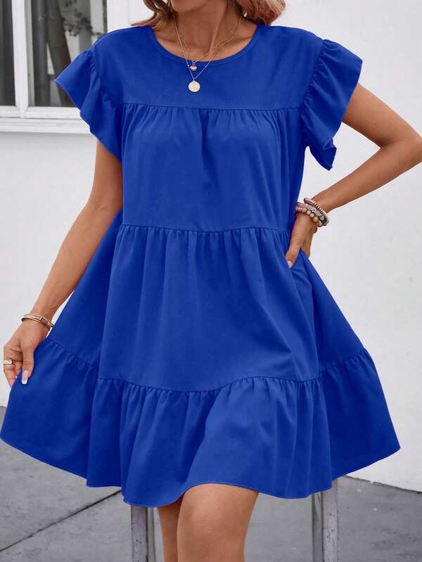 Vestido Curto Com Babados E Manga Godê Minimalista Casual