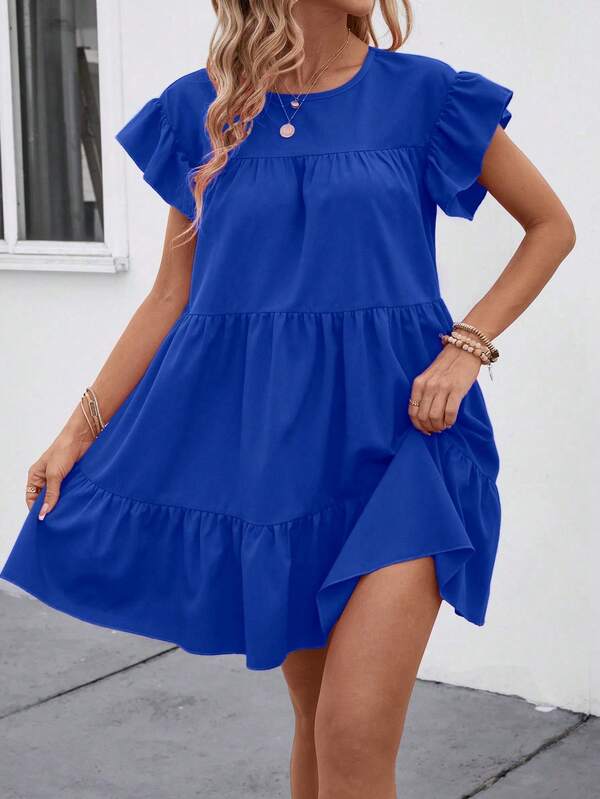 Vestido Curto Com Babados E Manga Godê Minimalista Casual