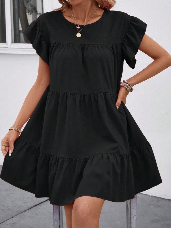 Vestido Curto Com Babados E Manga Godê Minimalista Casual