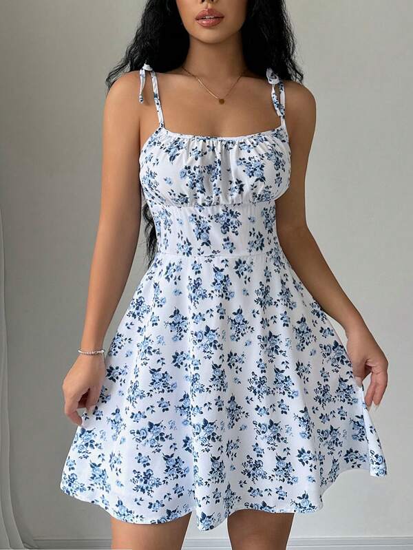Vestido Curto Acinturado Com Alças E Estampa Floral
