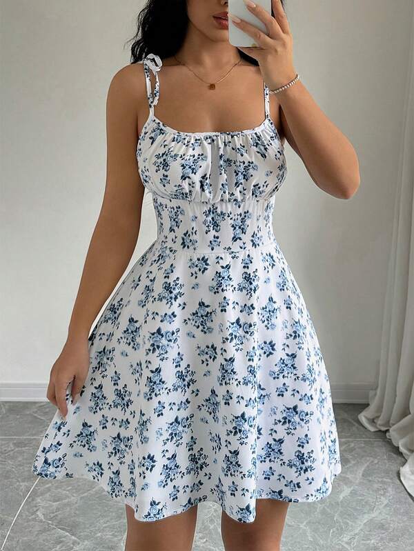 Vestido Curto Acinturado Com Alças E Estampa Floral