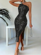 Vestido Midi Ombro Único Com Paetês E Fenda