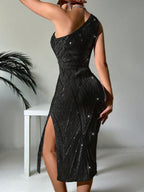 Vestido Midi Ombro Único Com Paetês E Fenda