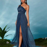 Vestido Longo Ombro Único Com Tule E Fenda Frontal