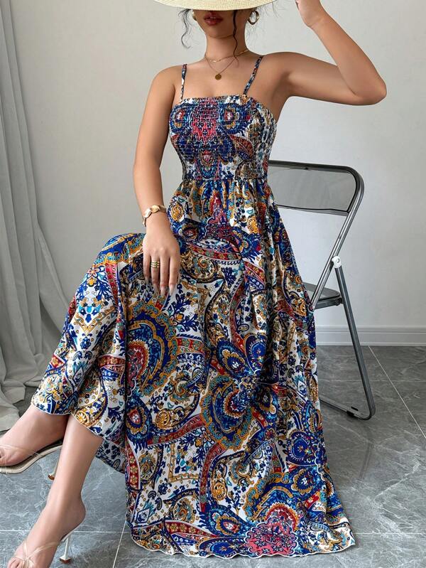 Vestido Longo Com Lastex E Alças Finas Estampa Paisley