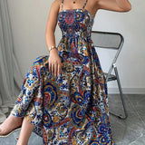 Vestido Longo Com Lastex E Alças Finas Estampa Paisley