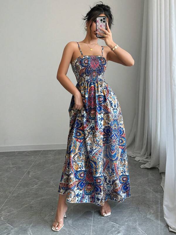 Vestido Longo Com Lastex E Alças Finas Estampa Paisley