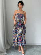 Vestido Longo Com Lastex E Alças Finas Estampa Paisley