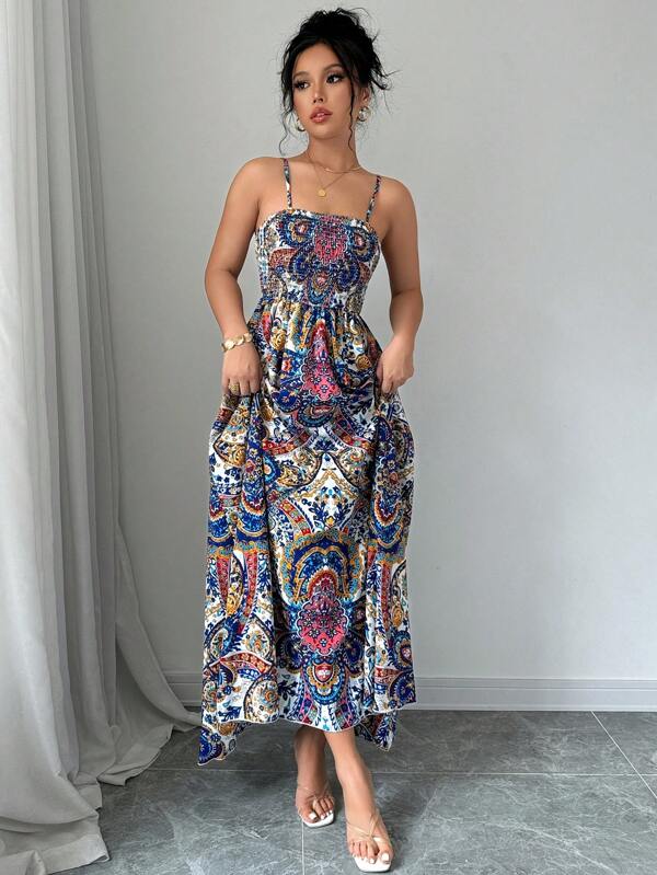Vestido Longo Com Lastex E Alças Finas Estampa Paisley