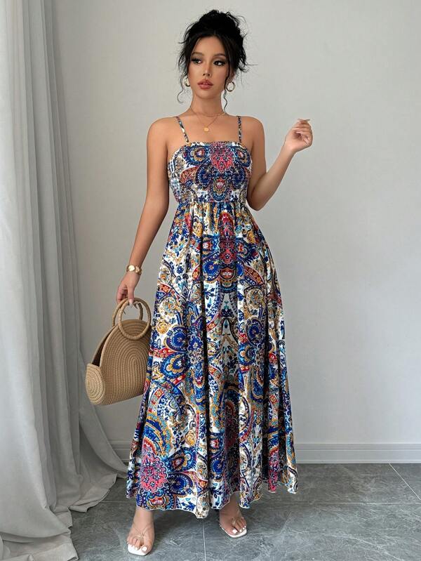 Vestido Longo Com Lastex E Alças Finas Estampa Paisley