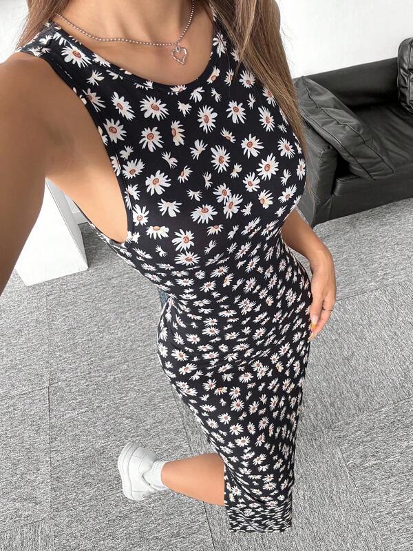 Vestido Midi Regata Ajustado Estampa Floral Com Fenda