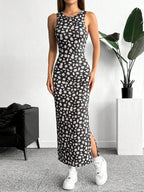 Vestido Midi Regata Ajustado Estampa Floral Com Fenda