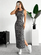 Vestido Midi Regata Ajustado Estampa Floral Com Fenda