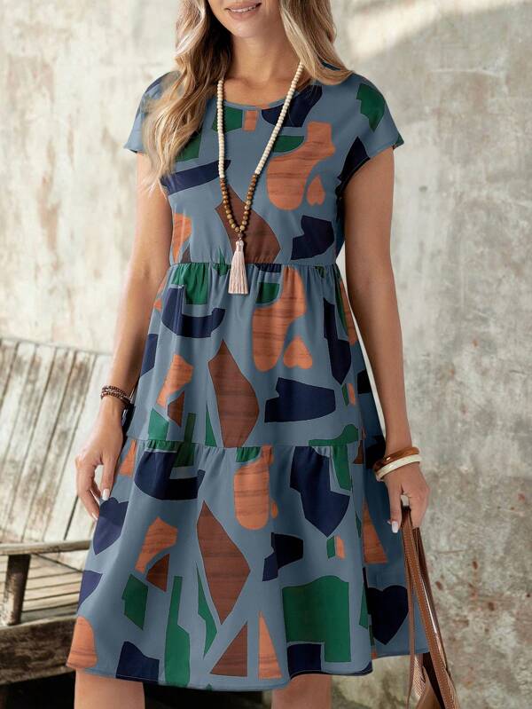Vestido Soltinho Com Recortes Estampa Abstrata Casual