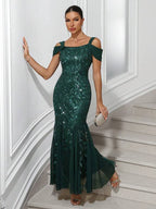 Vestido Longo Ombro Vazado Com Renda E Tule