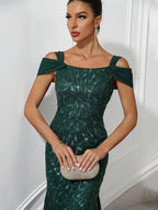 Vestido Longo Ombro Vazado Com Renda E Tule