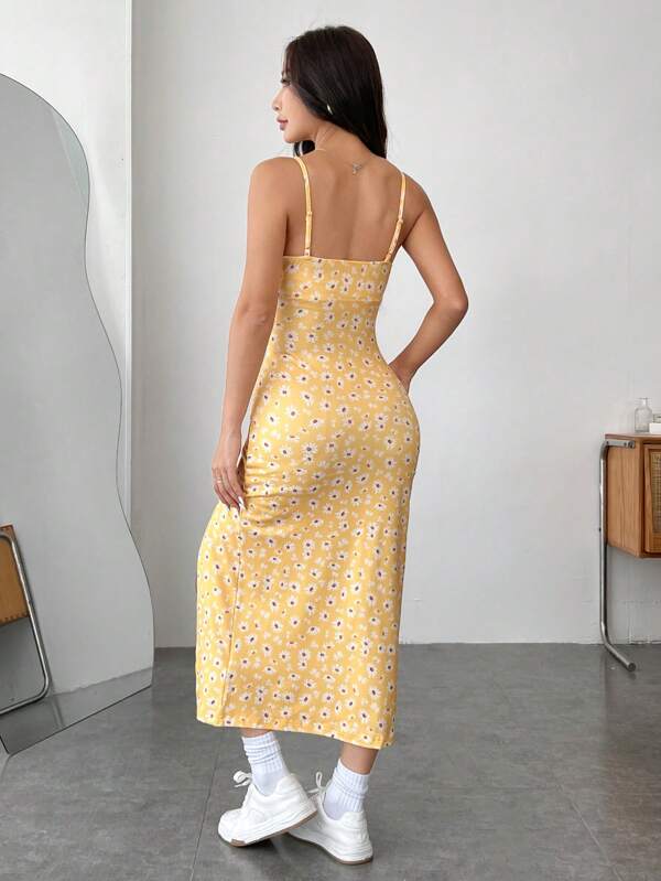 Vestido Midi Alças Finas Com Fenda Estampa Floral Casual