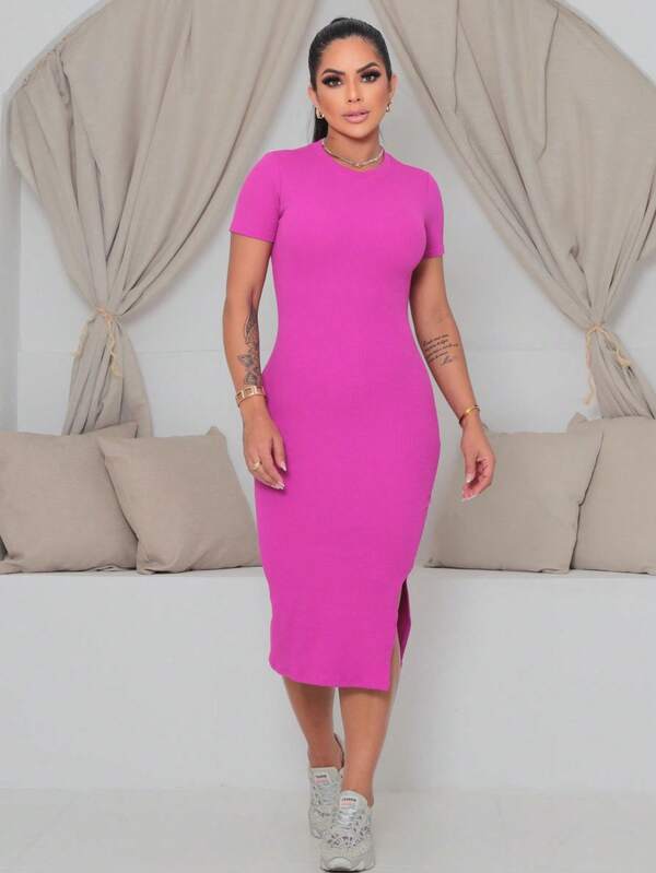 Vestido Midi Ajustado Com Fenda Lateral Minimalista Casual