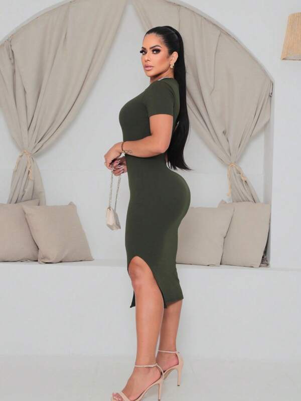Vestido Midi Ajustado Com Fenda Lateral Minimalista Casual