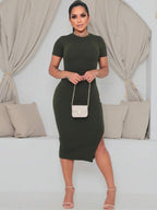 Vestido Midi Ajustado Com Fenda Lateral Minimalista Casual