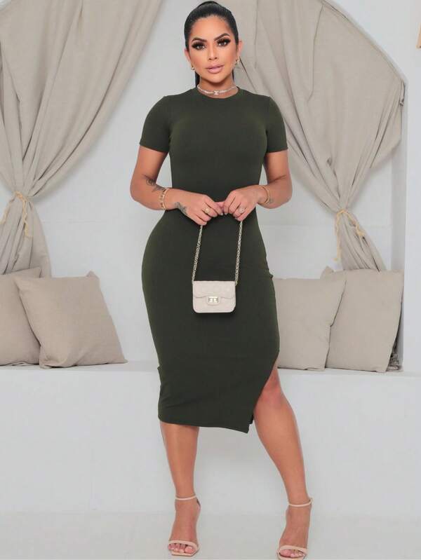 Vestido Midi Ajustado Com Fenda Lateral Minimalista Casual