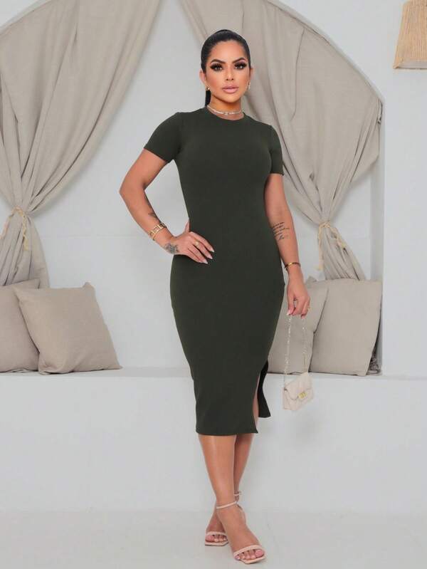 Vestido Midi Ajustado Com Fenda Lateral Minimalista Casual