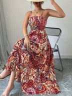 Vestido Longo Com Lastex E Alças Finas Estampa Paisley