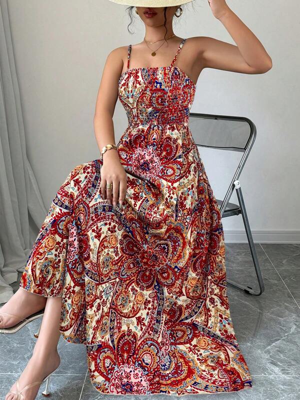 Vestido Longo Com Lastex E Alças Finas Estampa Paisley