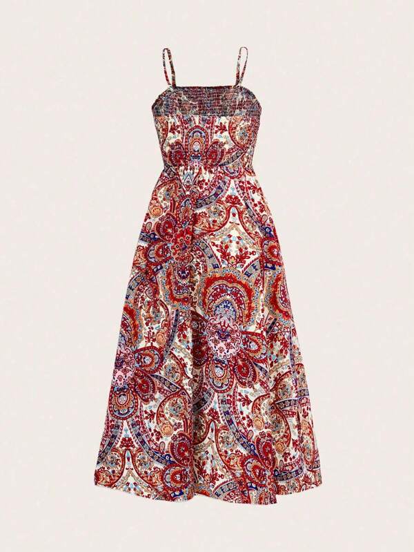 Vestido Longo Com Lastex E Alças Finas Estampa Paisley
