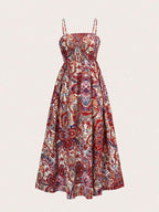 Vestido Longo Com Lastex E Alças Finas Estampa Paisley