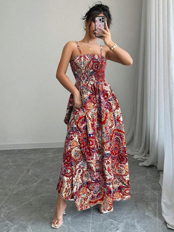 Vestido Longo Com Lastex E Alças Finas Estampa Paisley