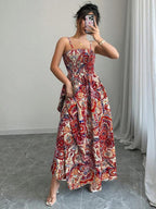 Vestido Longo Com Lastex E Alças Finas Estampa Paisley