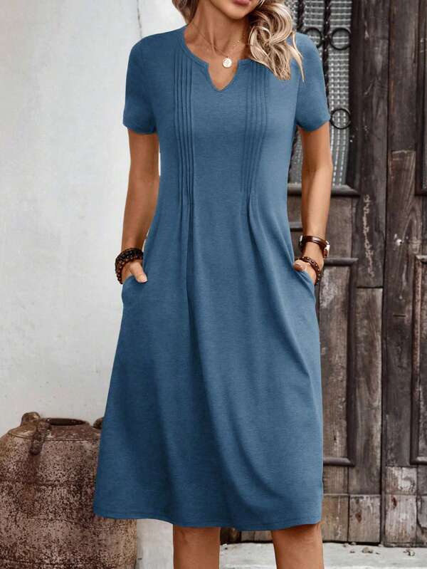 Vestido Midi Decote V Manga Curta Estilo Casual Minimalista