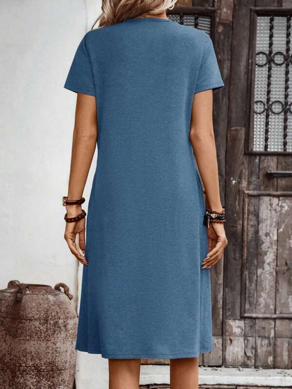 Vestido Midi Decote V Manga Curta Estilo Casual Minimalista