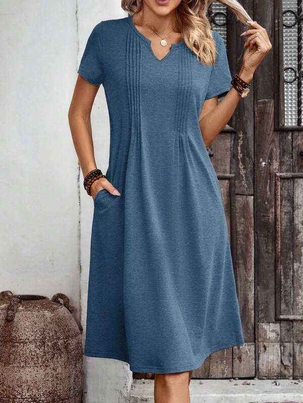 Vestido Midi Decote V Manga Curta Estilo Casual Minimalista