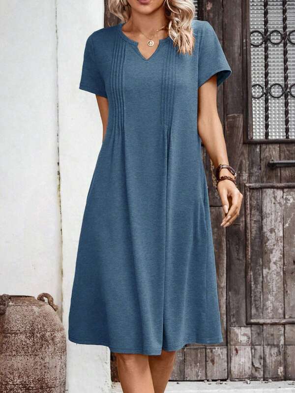 Vestido Midi Decote V Manga Curta Estilo Casual Minimalista