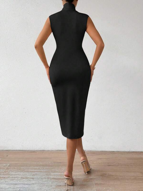 Vestido Midi Com Decote Xale E Drapeado Frontal