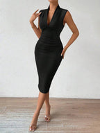Vestido Midi Com Decote Xale E Drapeado Frontal